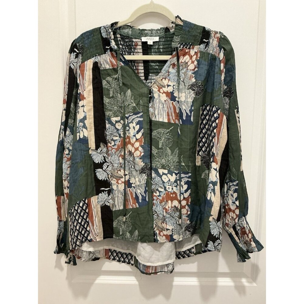 Avara Blouse Medium VNeck Multi Colored Long Sleeve Shirring Back Sleeve